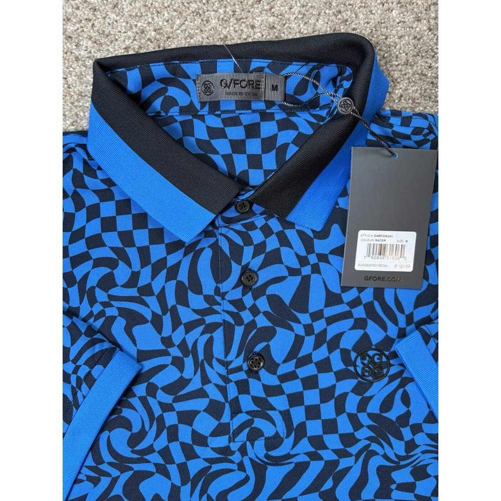 New G/FORE Mens Medium Golf Racer Distorted Abstract Check Tech Pique Polo